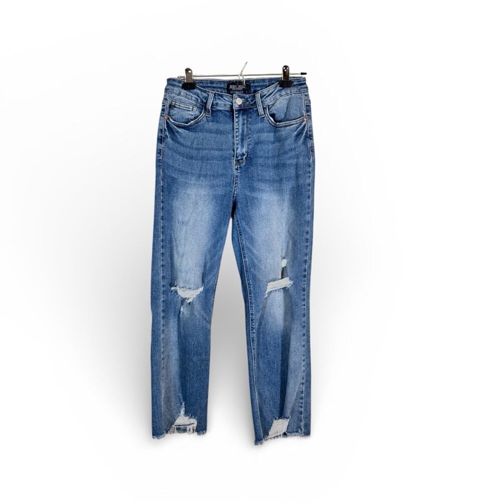 Judy Blue Straight Crop Distressed Jeans Womens 29 Boho Fall Denim Raw Hem